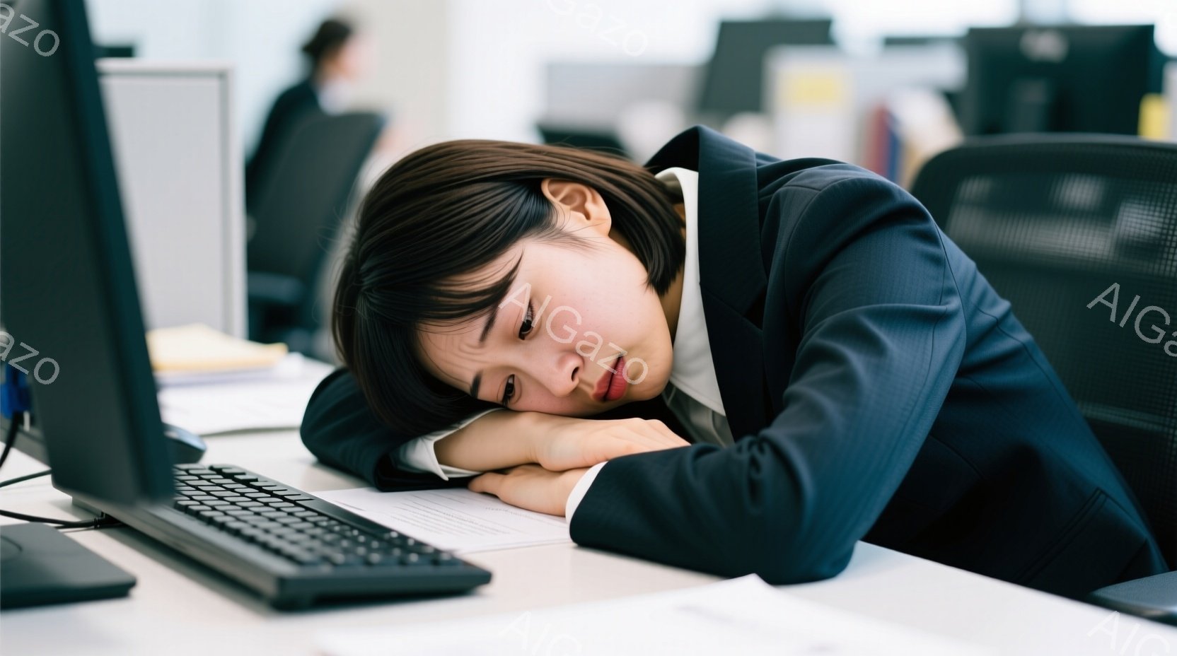 オフィスでデスクに突っ伏している女性が写っています。彼女は紺色のスーツを着ており、短くダークブラウンの髪をしています。疲労困憊した表情で、まるで眠っているかのように見えます。