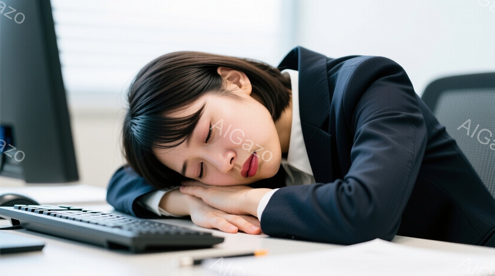 黒いスーツを着た若い女性が、キーボードの上に頭を預けて眠っています。彼女は短髪で、顔色はやや疲れているように見えます。背景にはオフィスの一角が写っており、明るい光が差し込んでいることから、昼間の休憩時間または疲労による仮眠の様子が伺えます。