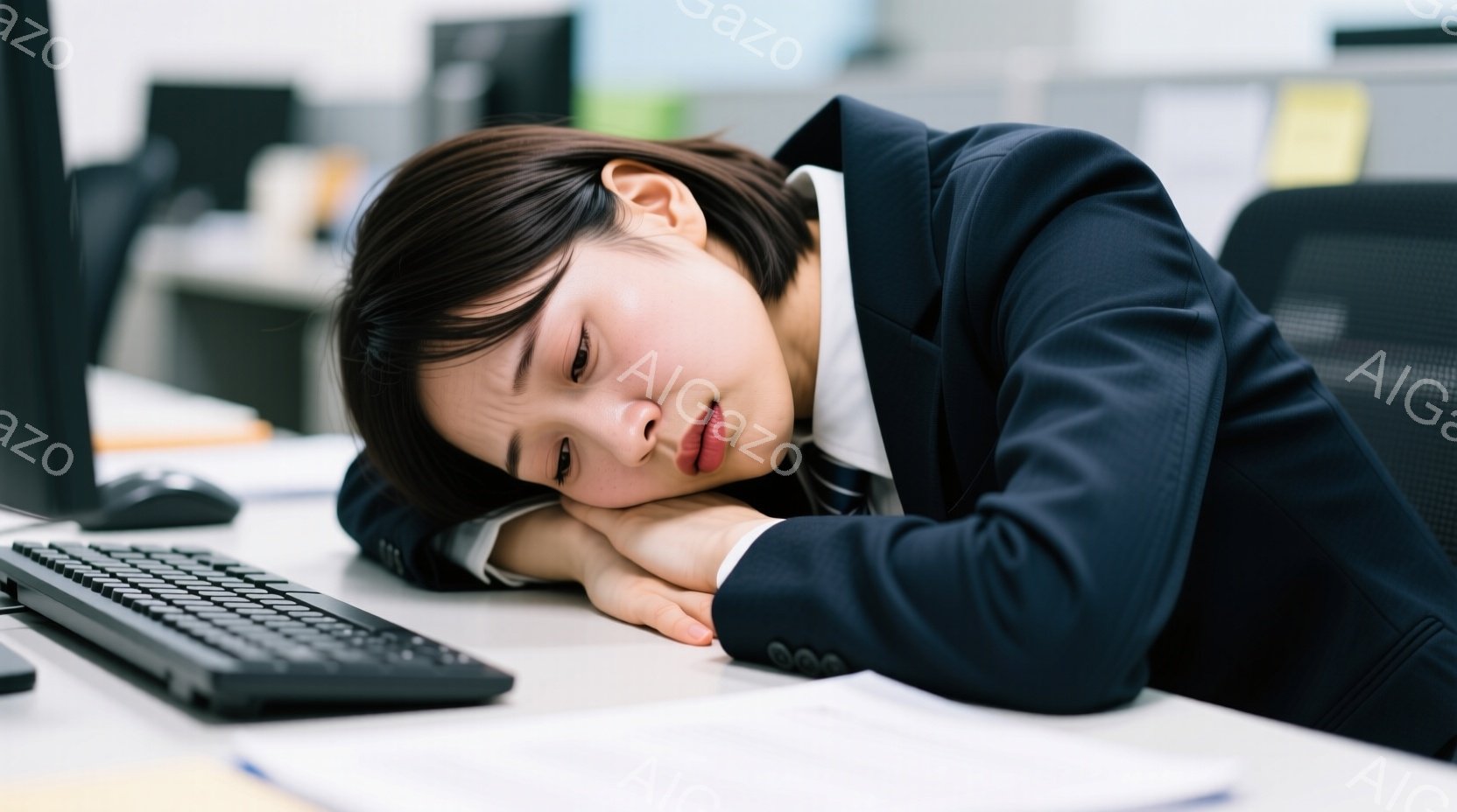 紺色のスーツを着た若い女性が、机に突っ伏して眠っている様子が写っています。彼女は黒髪のショートヘアで、疲れた表情をしており、まるで仕事で疲れ果てているかのようです。背景にはオフィスらしき場所が見え、他 - AI生成フリー素材
