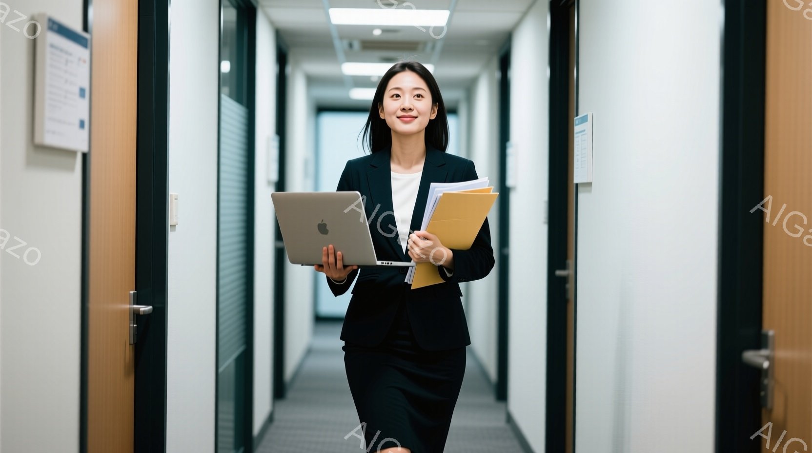黒いスーツとスカートを着用した女性が、廊下を歩いています。彼女は左手にノートパソコン、右手に書類フォルダを持っており、微笑んでいて、自信に満ちた表情をしています。廊下は白を基調とした清潔感のあるデザイ - AI生成フリー素材