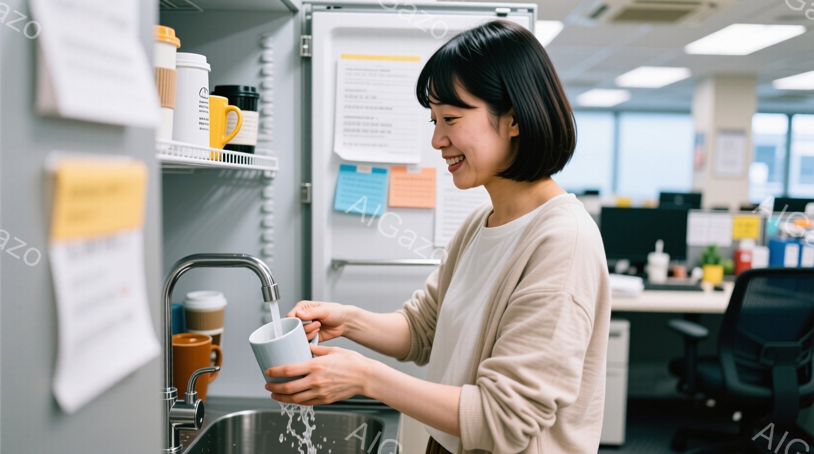 女性はキッチンでコップを水で洗っています。ベージュ色のセーターを着ており、短めの黒髪です。背景にはオフィスが見え、明るい雰囲気で、日常的なシーンが切り取られています。