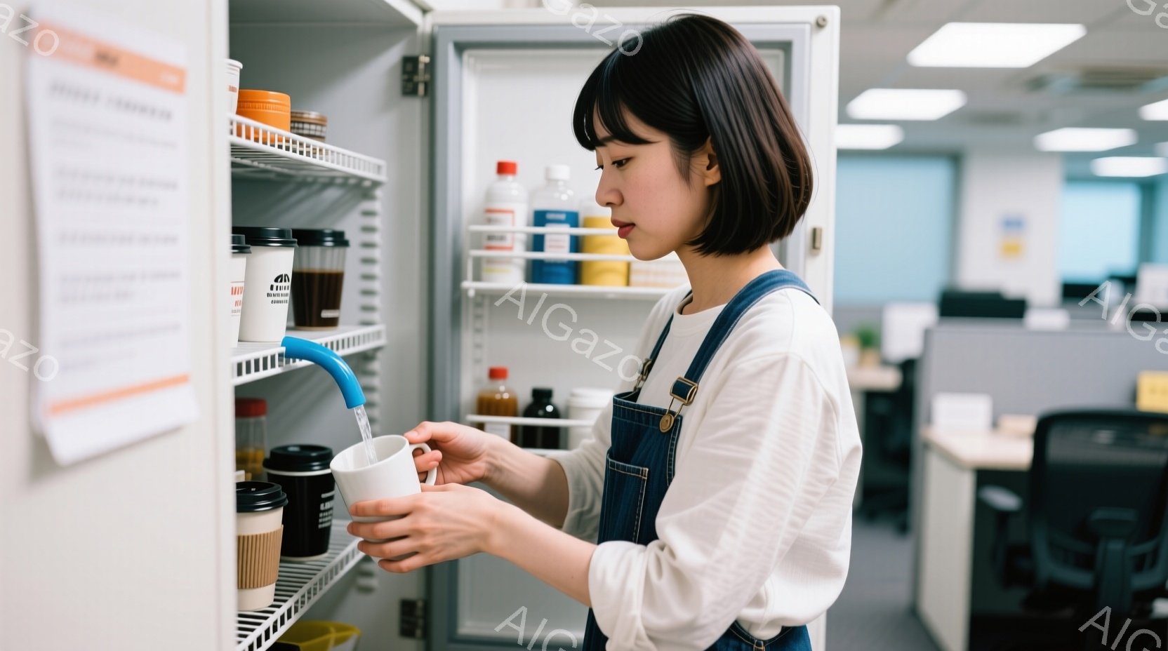 若い女性が冷蔵庫からコーヒーを注いでいる。彼女は白い長袖シャツとデニムのオーバーオールを着ており、短い黒髪を耳にかかっている。背景はオフィスで、他の冷蔵庫やオフィス家具が見え、全体的に落ち着いた雰囲気である。