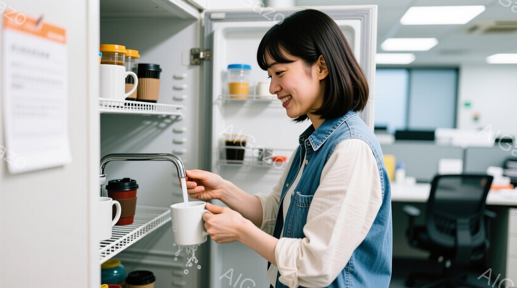 女性はオフィス内の冷蔵庫から水をカップに注いでいます。彼女は白いブラウスにデニムのベストを着ており、短めの黒髪で、顔には微笑みが浮かんでいます。冷蔵庫の中には様々な飲み物が並び、背景にはオフィス内の様 - AI生成フリー素材