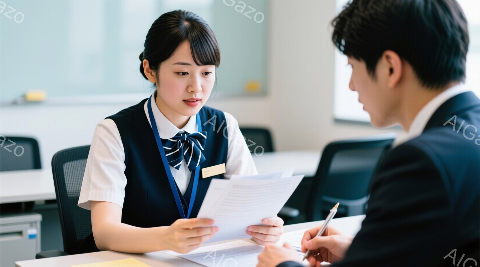 若い女性は、白いブラウスにネイビーのネクタイとベストを着ており、名札をつけている。彼女は書類を手に持ち、真剣な表情で何かを確認しているようだ。背景にはオフィスのような空間が広がり、対面している男性はス - AI生成フリー素材