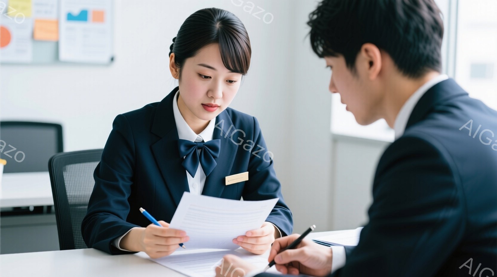 一人の女性と一人の男性がテーブルを挟んで向かい合って座っており、書類に目を通している様子が伺える。女性は紺色のブレザーと白いブラウス、リボンネクタイを着用し、整髪された髪で真剣な表情をしている。背景にはオフィスらしき空間が見え、壁にはメモなどが貼られているため、ビジネスシーンであることがわかる。