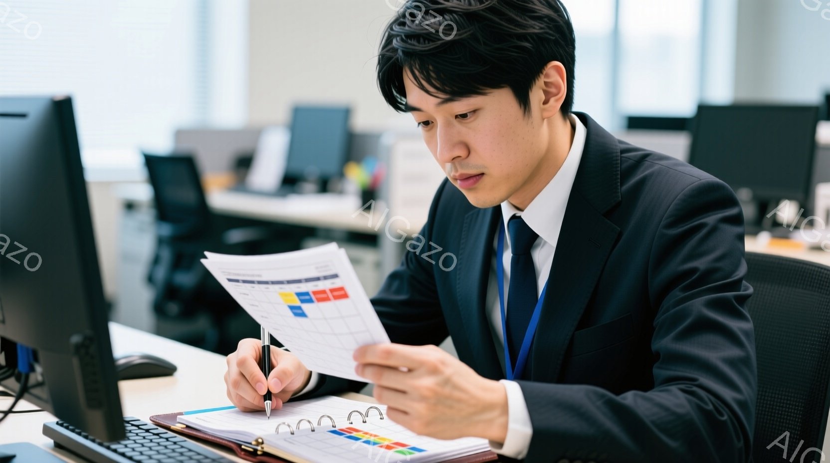 夜の街を歩くビジネスマンと女性の姿が捉えられています。3人は皆、濃い紺色のスーツにネクタイ姿で、女性は肩にバッグを掛けています。背景には高層ビル群と緑の植栽があり、オフィスビルのガラス張りの壁を通してオフィス内の様子が見えます。