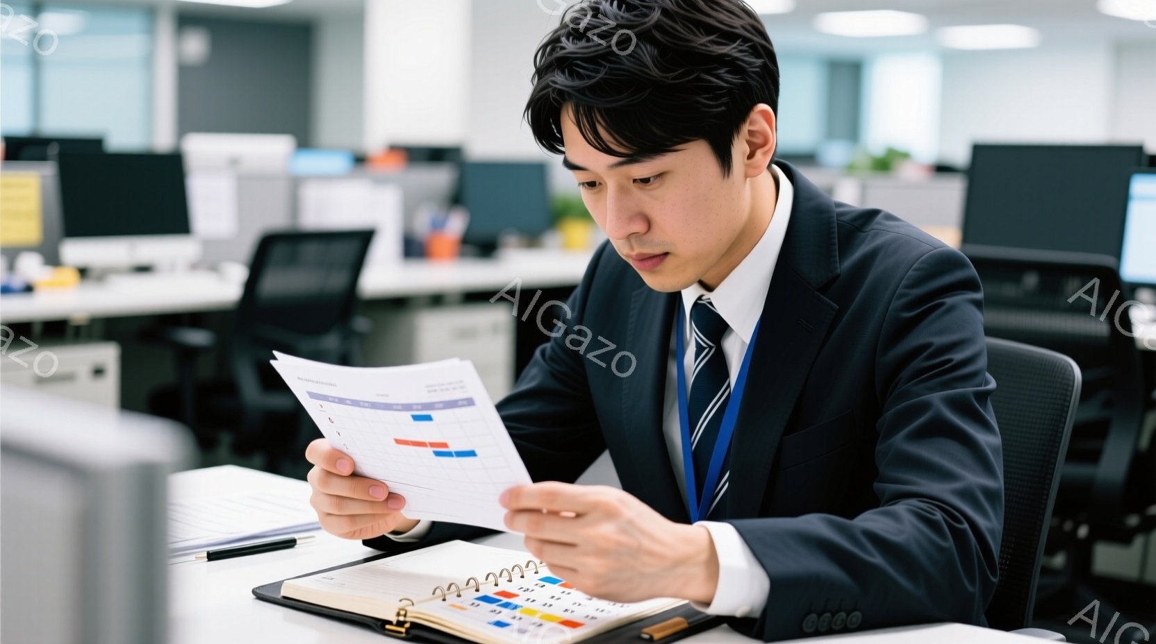 スーツとネクタイを着用した若い男性が、オフィスでカレンダーのような書類を手に持っています。彼は少しうつむき加減で書類を注意深く見ており、真剣な表情をしています。背景には他のオフィスワーカーやデスク、そして明るい照明が見え、全体的に落ち着いた雰囲気です。