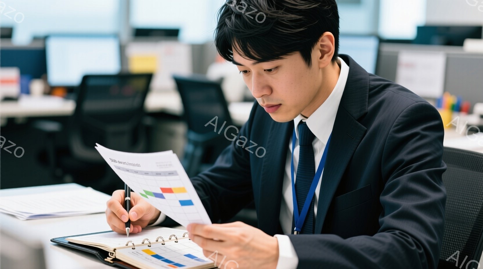 夜の街を背景に、紺色のスーツを着たビジネスマンとビジネスウーマンが歩いている。女性は正面を向き、自信に満ちた表情でカメラを見つめ、男性たちは少し後ろで彼女に続いている。背景には近代的な建物が立ち並び、 - AI生成フリー素材