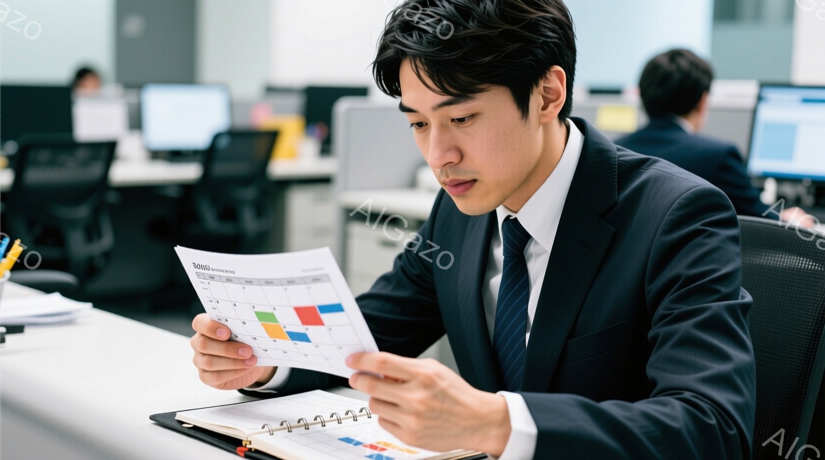 スーツとネクタイを着用した若い男性が、カレンダーのような書類を手に持っています。彼は少し前かがみになり、書類を注意深く見ており、真剣な表情をしています。背景にはオフィスらしき空間が広がり、他の従業員やデスクがぼんやりと見えます。