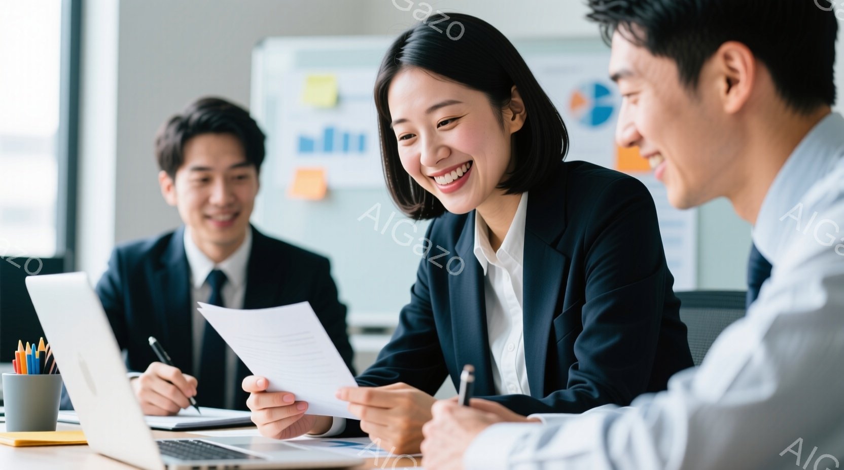 室内でビジネスシーンの様子が写っている。女性は黒いジャケットと白いシャツを着て、微笑みながら書類を見ている。男性は白いシャツを着て、ペンを持ち、書類に目を通しているように見える。 - AI生成フリー素材