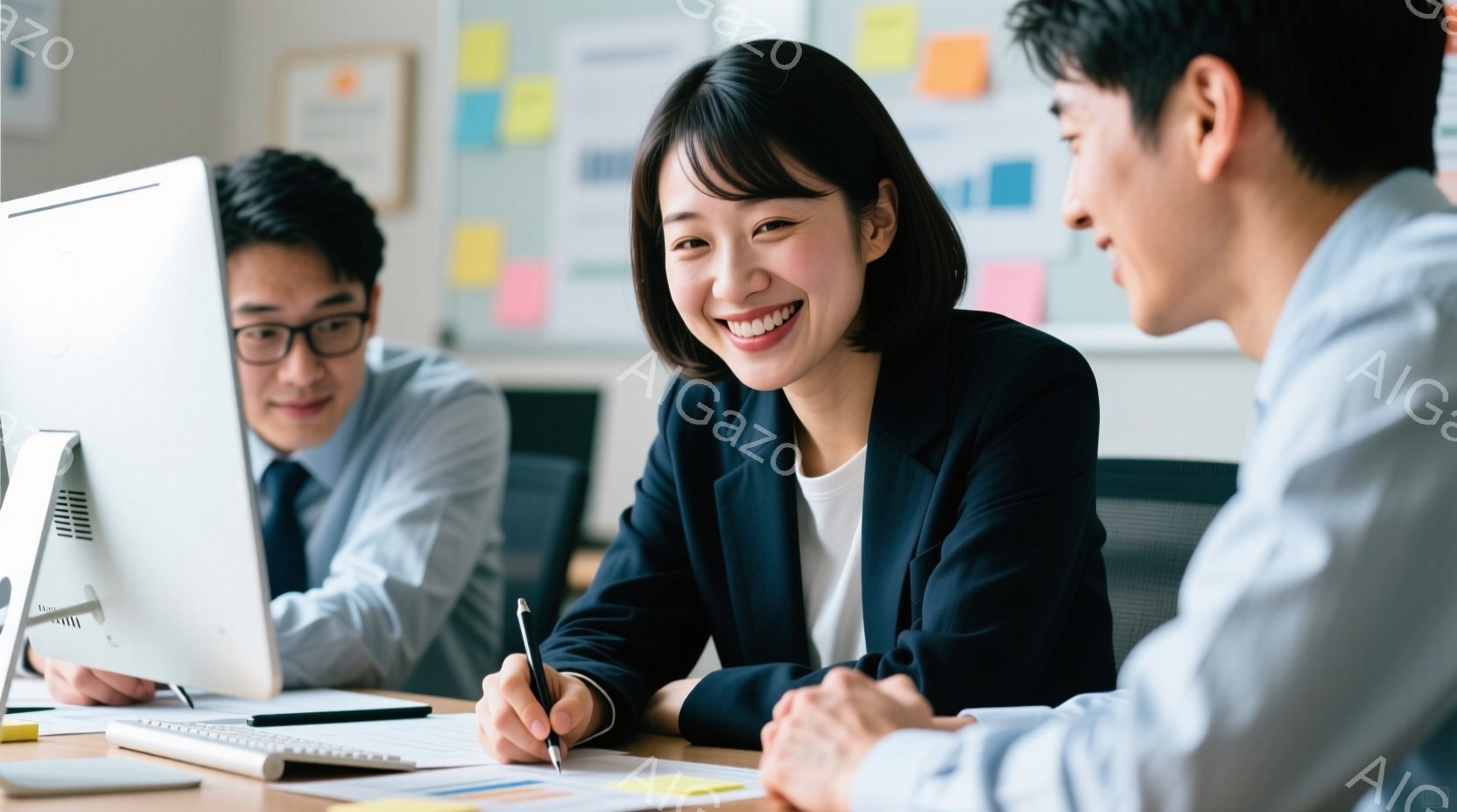 若い女性がオフィスでノートパソコンを使用している様子が写っている。彼女は黒いスーツを着ており、長い黒髪は背中に流れている。表情は真剣で、集中してタイピングしている。 - AI生成フリー素材