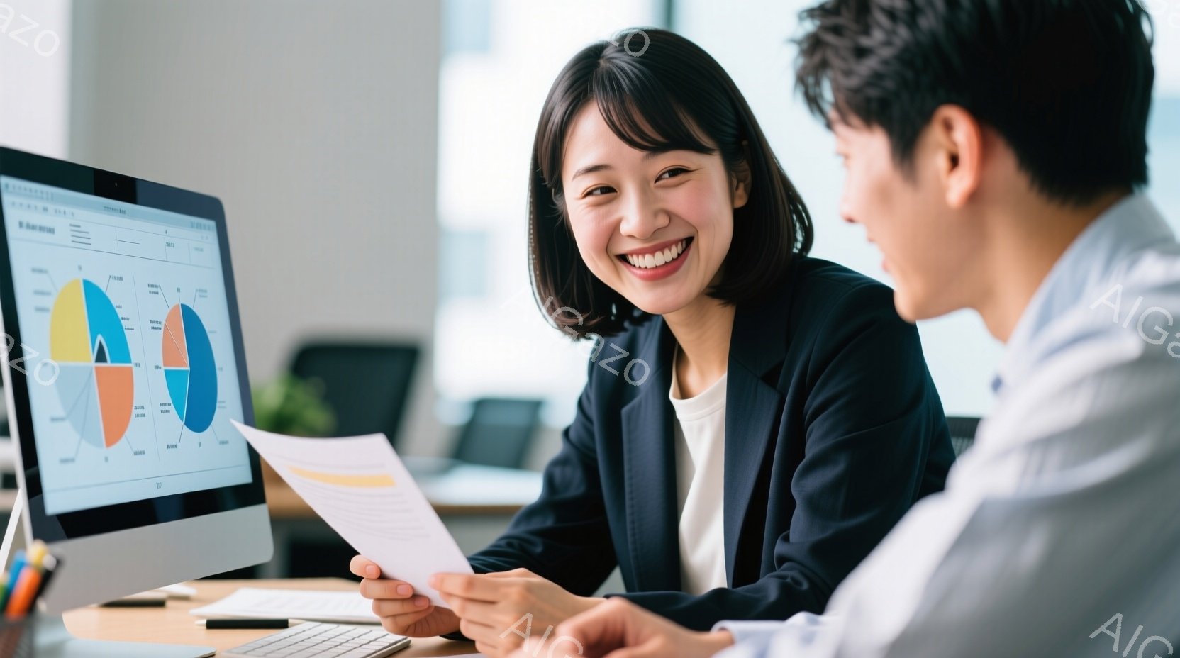 笑顔の女性が書類を手に、パソコンの画面を指して男性と話しています。女性は黒いジャケットと白いインナーを着ており、ショートヘアで明るい表情をしています。背景にはオフィスらしき空間がぼやけて見え、全体的に明るく活気のある雰囲気が伝わってきます。