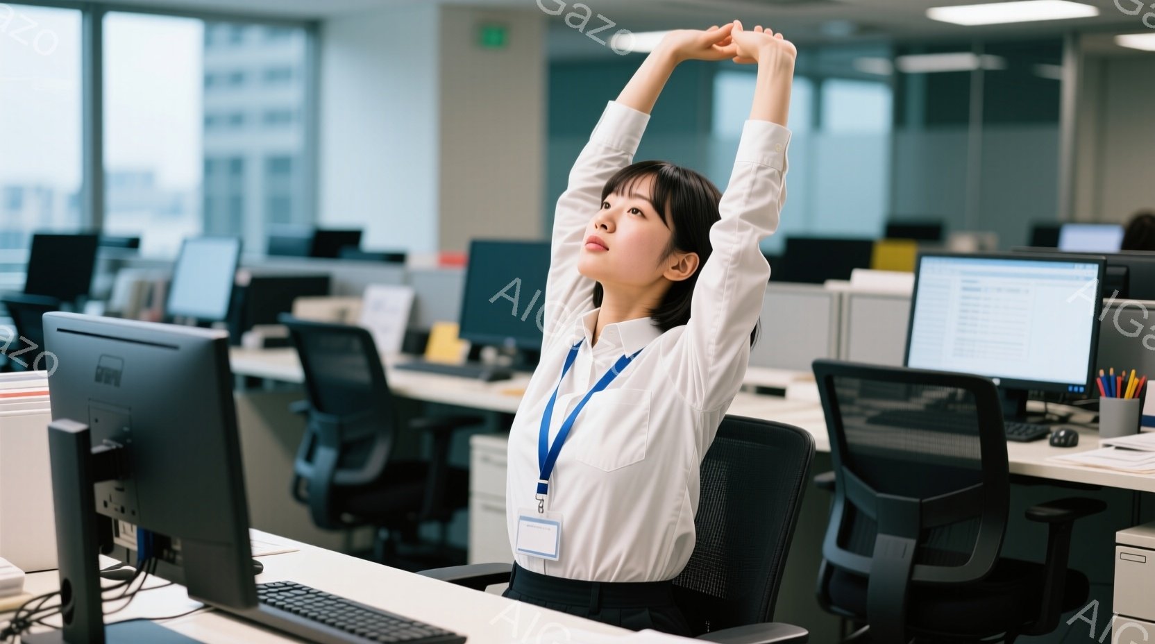 黒いスーツに白いブラウスを着た女性が電話を受けている。彼女は微笑んでおり、髪は後ろでまとめてスタイリングされている。背景にはオフィスがあり、多くのデスクと椅子が見え、明るく開放的な雰囲気が漂っている。 - AI生成フリー素材