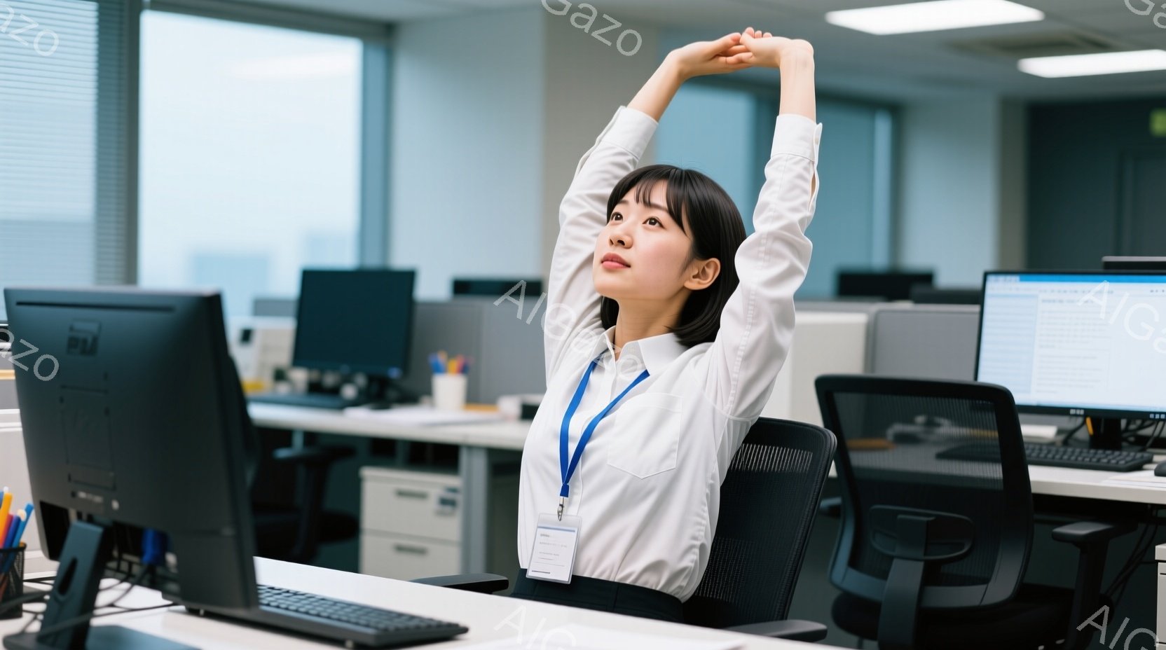 オフィスで女性が椅子に座り、両腕を上げてストレッチをしている様子が写っている。白いシャツにネイビーのパンツ、身につけたIDカードとネクタイがオフィスワーカーであることを示している。背景には他のデスクや - AI生成フリー素材