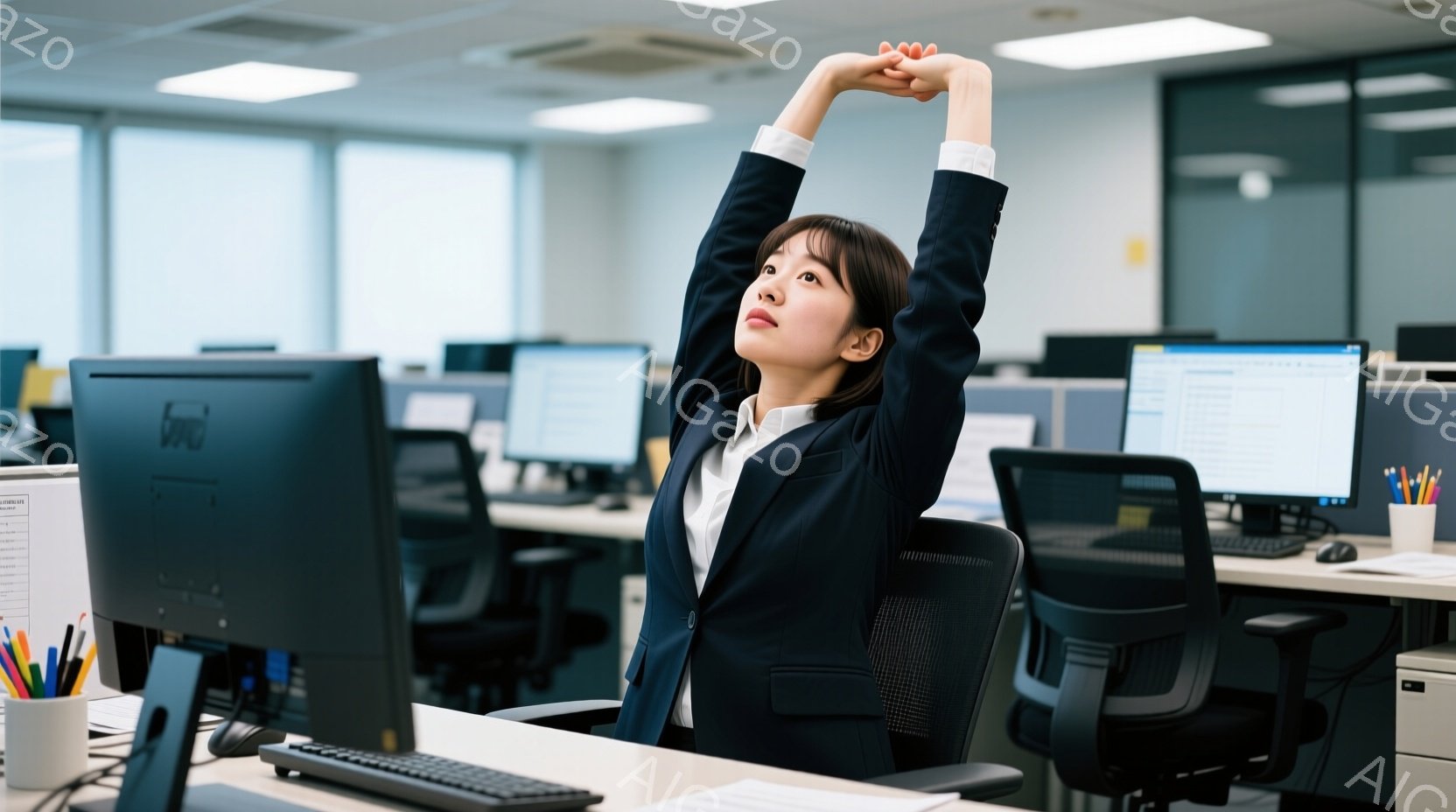 オフィスで女性が椅子に座り、両腕を上げてストレッチをしている。彼女は紺色のスーツと白いシャツを着ており、髪は後ろでまとめている。背景には他のオフィスワーカーのデスクとパソコンが並び、明るく清潔な雰囲気 - AI生成フリー素材