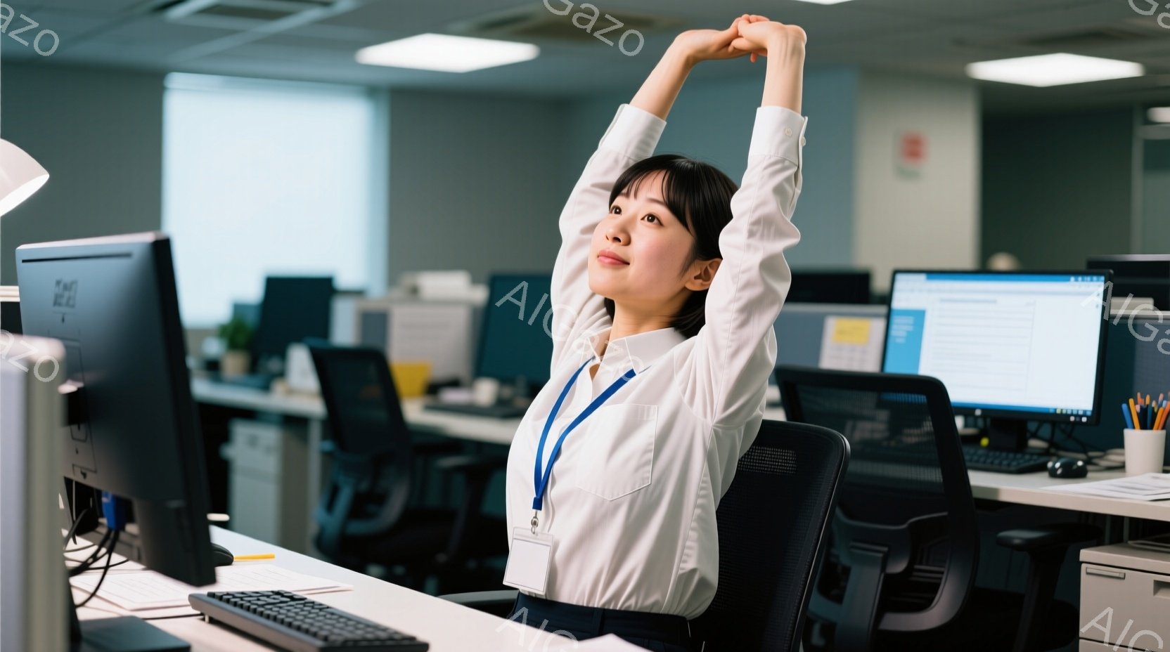 黒いスーツに身を包んだ女性が電話を受けている。彼女は軽く微笑み、前かがみの姿勢で会話を楽しんでいるようだ。背景はオフィスで、多数のデスクと椅子が整然と並び、明るく開放的な雰囲気である。 - AI生成フリー素材