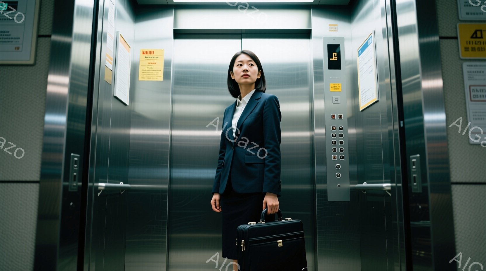 黒いスーツとスカートを着た女性が、エレベーターの中で立っている。彼女は黒いブリーフケースを持っており、少し上を見つめている。エレベーター内は金属製で、ボタンや案内表示が並び、ビジネスライクで落ち着いた - AI生成フリー素材