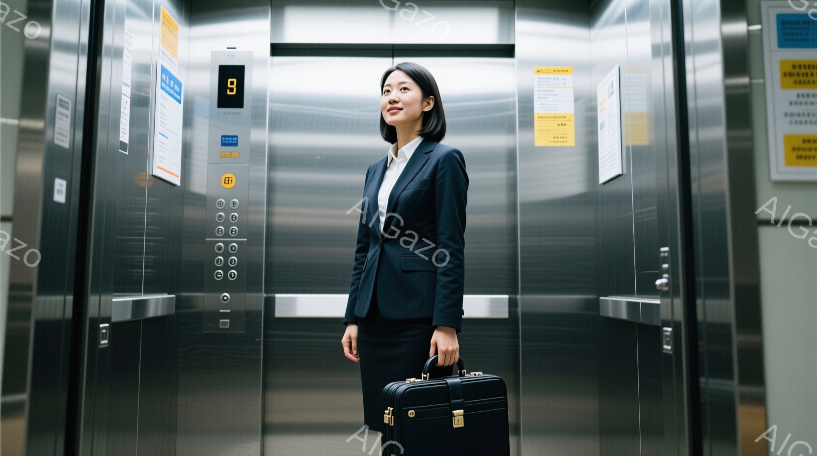 黒いスーツを着た女性が映っています。彼女はキャリーケースを持ち、エスカレーターの中で上を見上げています。背景はエスカレーターの金属製の壁と、数字の「9」が表示されたパネルで、ビジネスライクで洗練された雰囲気が漂っています。