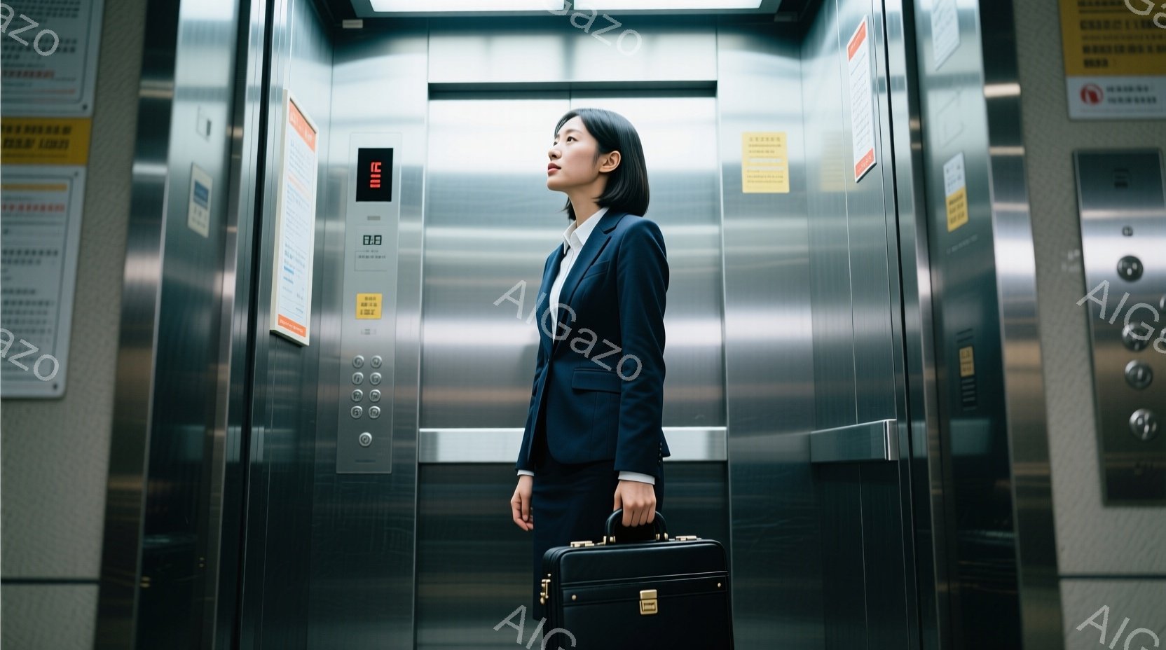 エレベーター内に立つ女性は、濃い青色のスーツとストレートヘアで、ビジネスシーンに適した服装をしている。彼女は黒いブリーフケースを持ち、少し上目線で何かを考えているような表情をしている。背景はエレベータ - AI生成フリー素材