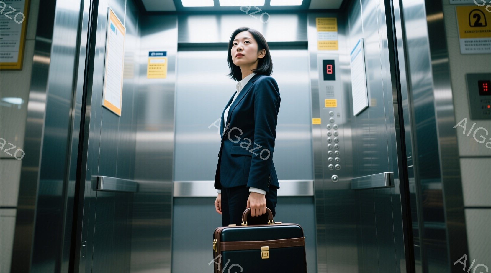 紺色のスーツを着た女性がエレベーター内に立っている姿が写っています。彼女は横を向き、左手に茶色のブリーフケースを持っており、表情はやや真剣です。エレベーター内は金属製の壁で覆われ、ボタンや表示灯が見え、全体的にビジネスライクで落ち着いた雰囲気が漂っています。