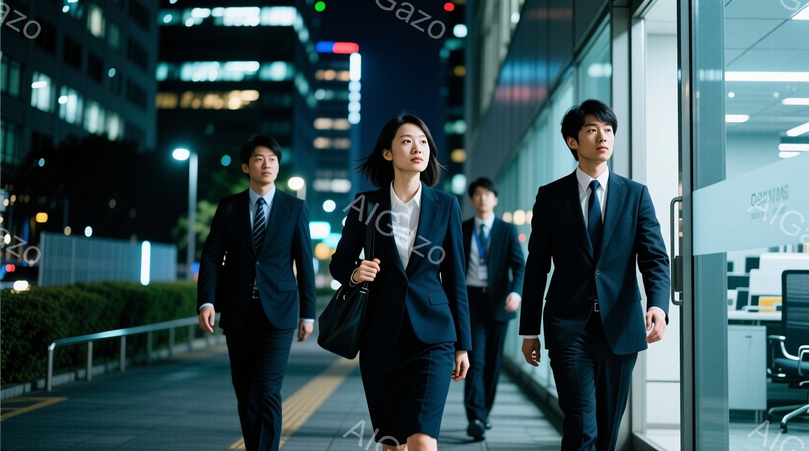 三人のビジネスマンとビジネスウーマンが夜の街を歩いている。全員がスーツとネクタイというフォーマルな服装で、女性は肩にバッグをかけている。背景には高層ビル群がそびえ立ち、道路には街灯が灯り、現代的で洗練 - AI生成フリー素材