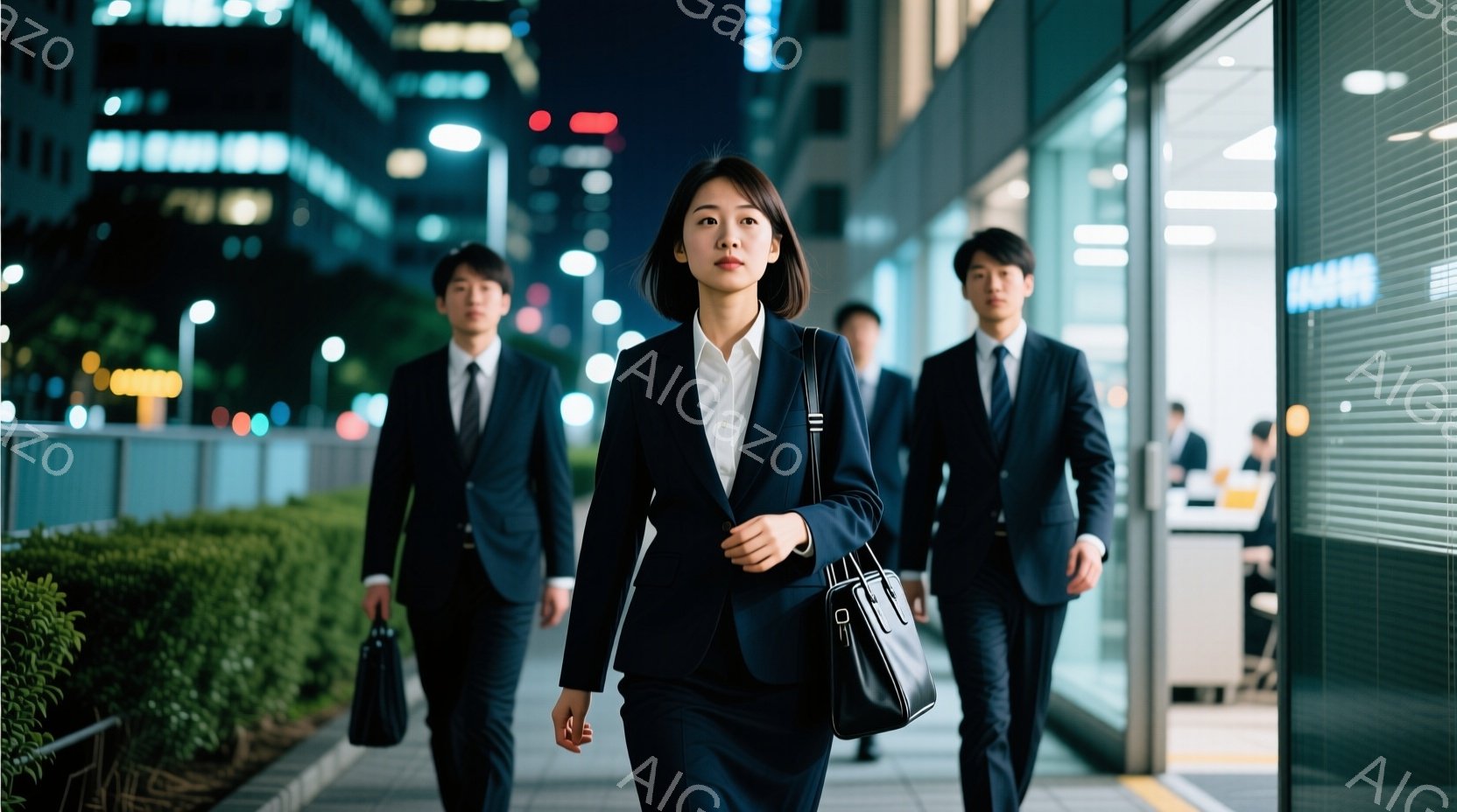 夜の街を歩くビジネスマンとビジネスウーマンが写っている。女性は黒いスーツと白いシャツを着ており、肩に黒いバッグをかけている。背景には高層ビルが立ち並び、夜空には光が輝いており、都会的で洗練された雰囲気 - AI生成フリー素材