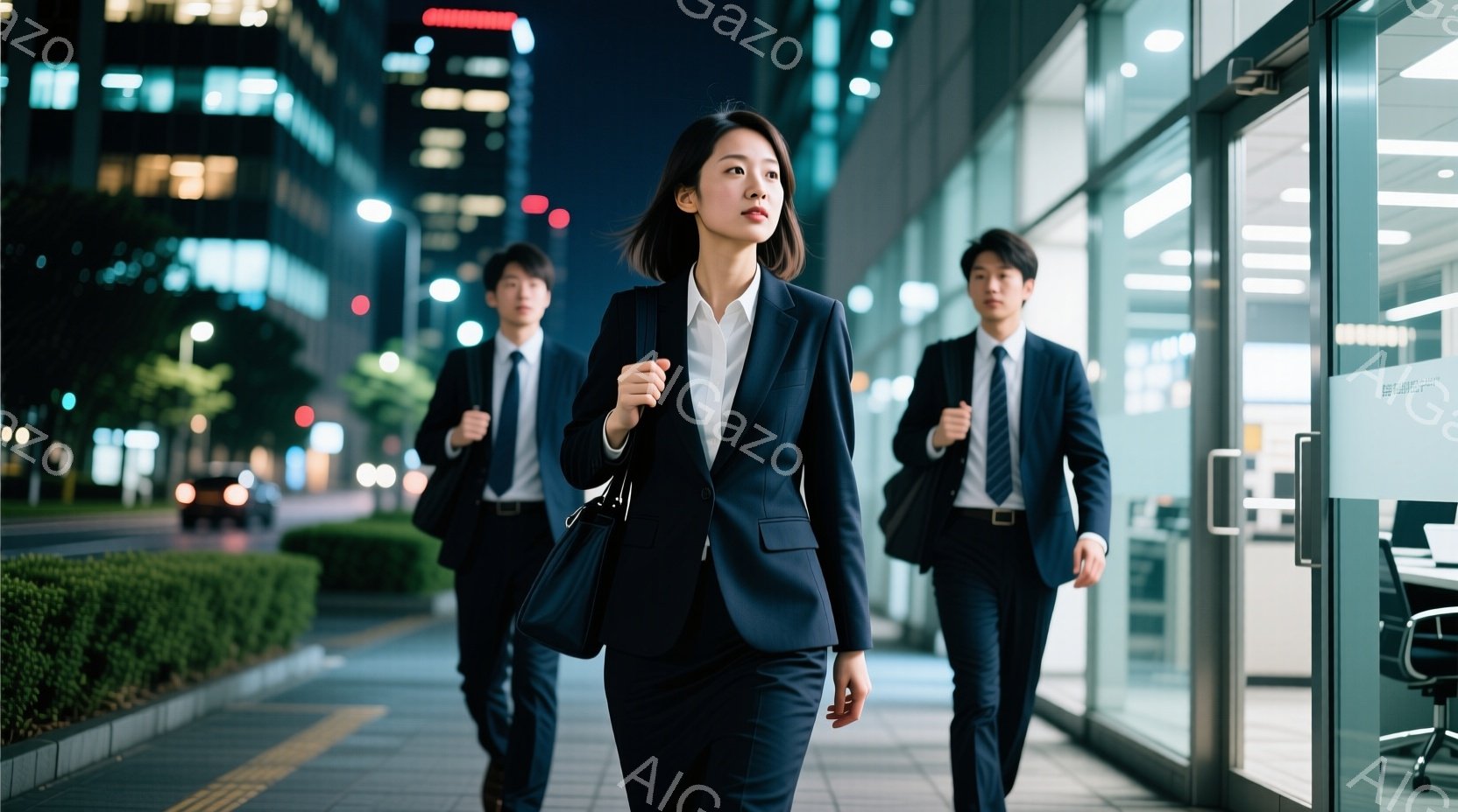 紺色のスーツを着た若い女性が写っています。彼女は書類を手に持ち、やや緊張した表情で正面を見ています。背景はホテルのロビーで、大理石の床、植物、そして受付カウンターが見えます。