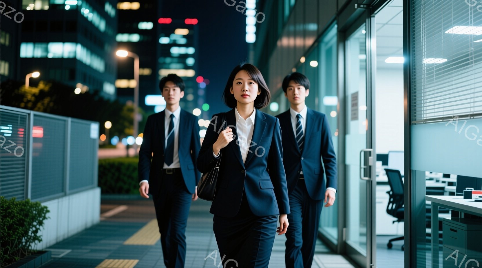スーツ姿の男女が歩道を歩いている。女性は黒いスーツに白いシャツを着ており、髪は後ろでまとめて、やや厳しい表情をしている。背景には高層ビル群がぼやけて見え、夜の都会的な雰囲気が漂っている。 - AI生成フリー素材