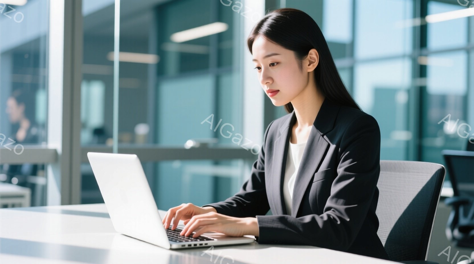 一人の女性が会議室でプレゼンテーションをしている様子が写っています。彼女は黒いジャケットと白いシャツを着ており、髪は後ろでまとめています。彼女は片手を上げて何かを説明しているようで、表情は真剣で自信に満ちています。