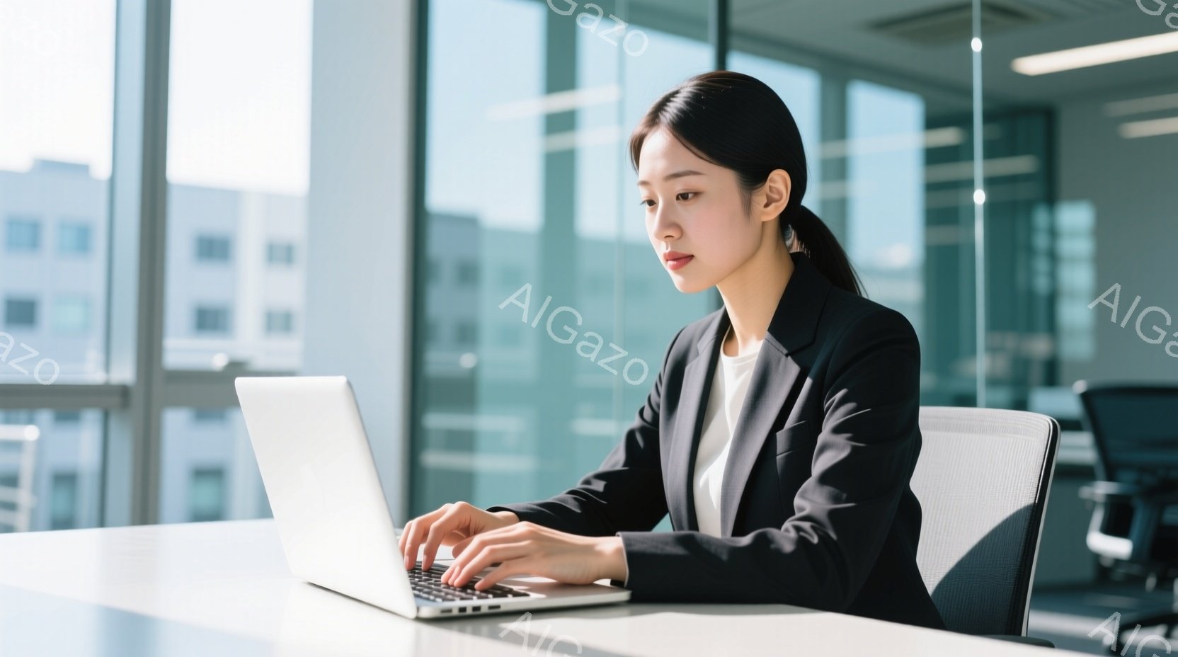 黒いスーツと白いシャツを着た女性が、明るいオフィスでノートパソコンを操作している。彼女は髪を後ろでまとめ、真剣な表情でキーボードを見つめている。窓の外には高層ビルが見え、オフィス内は清潔でモダンな雰囲気が漂っている。