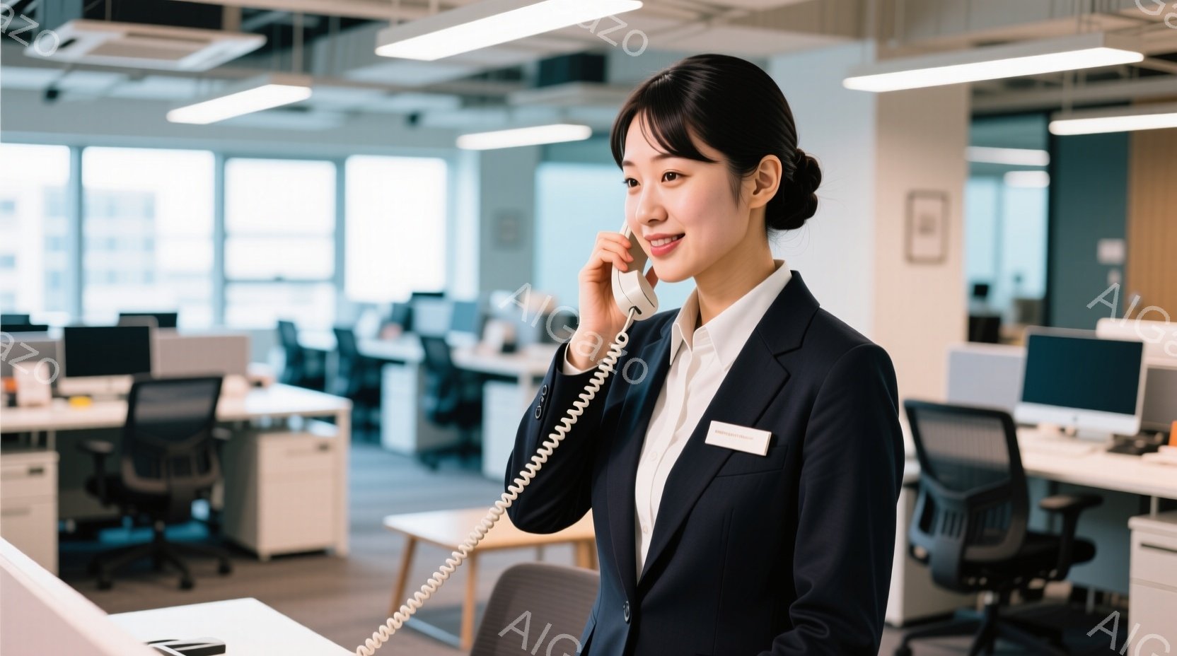 制服姿の女性が電話を受けている様子が写っている。彼女は黒いジャケットと白いシャツを着ており、髪を後ろでまとめ、笑顔で話を聞いている。背景にはオフィス内のデスクやパソコンが並び、明るく清潔感のある雰囲気である。