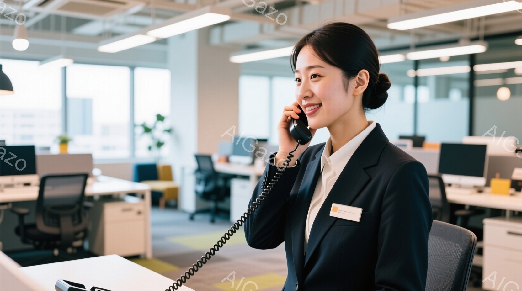 オフィスで電話に出ている女性が写っています。彼女は黒いスーツに身を包み、髪をきっちりと後ろでまとめており、笑顔で電話に話しています。背景には、白を基調としたモダンなオフィス空間が広がっており、他の従業員やデスク、そして少しだけ見える緑が確認できます。