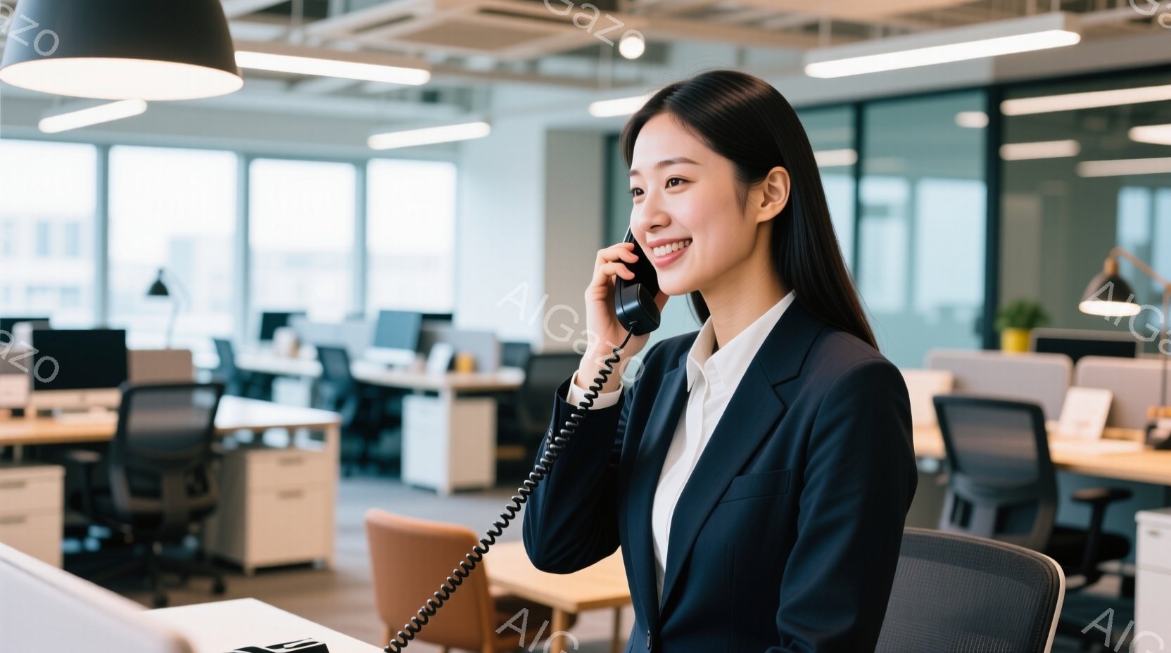 ビジネスウーマンが電話を受けながら、オフィスで微笑んでいます。彼女は黒いスーツとストレートヘアで、プロフェッショナルな印象を与えています。背景はモダンなオフィスで、多くのデスクと自然光が差し込んでおり - AI生成フリー素材