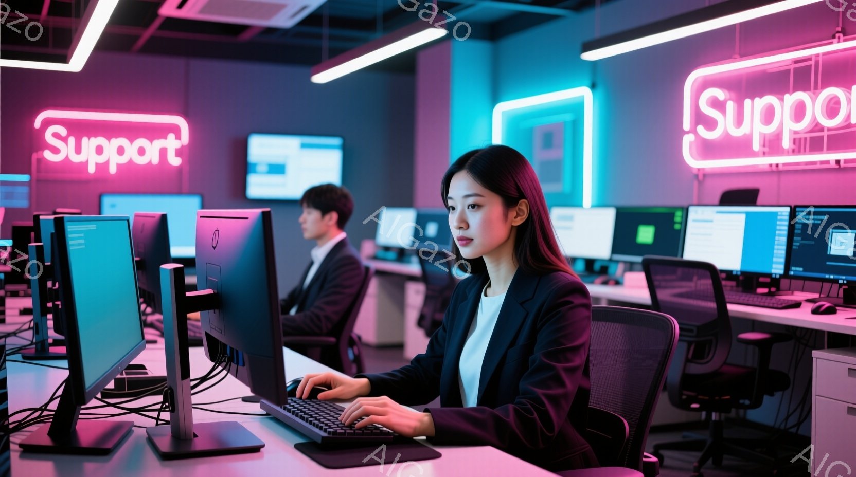 オフィスでコンピューターに向かう女性が写っています。彼女は黒いジャケットと白いシャツを着ており、長い黒髪は背中に流れています。彼女は真剣な表情でキーボードを操作しており、周囲には同様に仕事に集中する人 - AI生成フリー素材