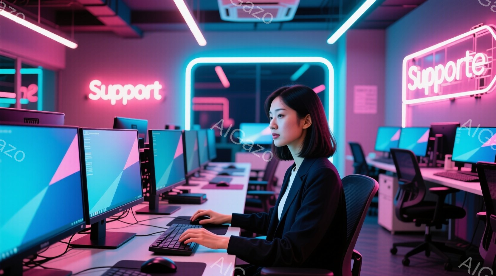 一人の女性がコンピューターに向かって座っており、集中した表情でキーボードを操作している。彼女は黒いスーツジャケットを着ており、肩までの長さの黒髪が特徴的だ。背景には、明るいネオンライトの「Suppor - AI生成フリー素材