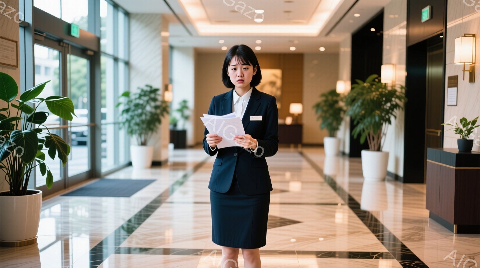 黒いスーツとスカートを着用した若い女性が、書類を手に廊下に立っている。彼女は真剣な表情で、やや緊張した様子を見せている。背景は豪華なホテルのロビーで、白い柱や観葉植物が配置され、床は磨かれた大理石で明 - AI生成フリー素材