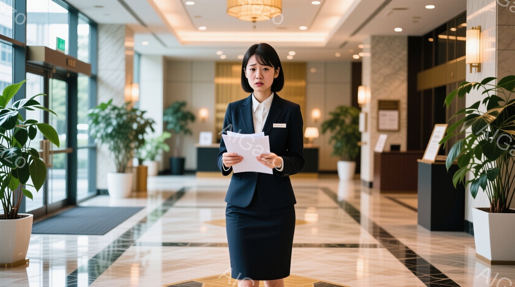 黒いスーツを着た女性が、書類を手に立っている。彼女は前髪を出し、後ろで髪をまとめている。背景はホテルのロビーで、大理石の床、観葉植物、そして明るい照明が特徴的である。 - AI生成フリー素材