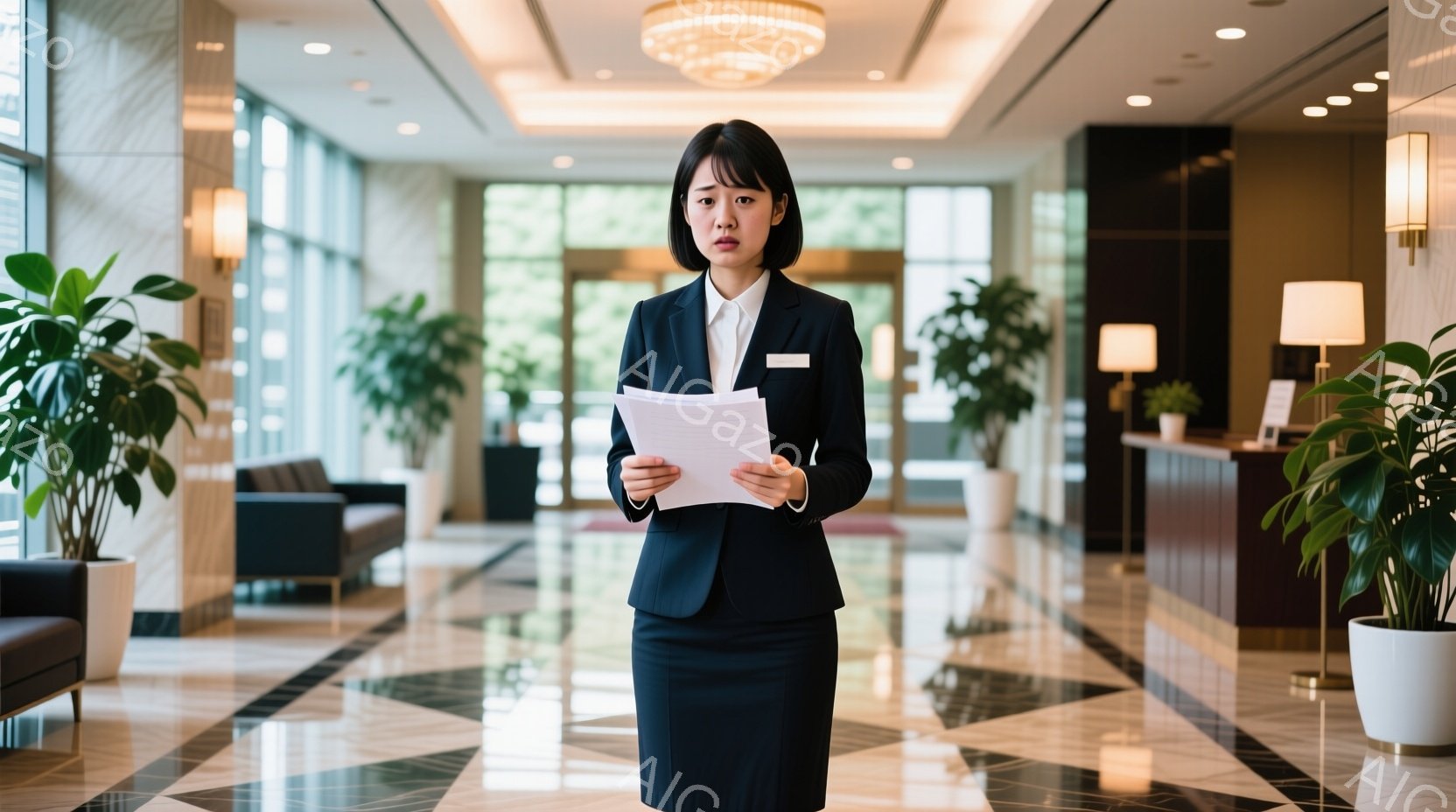 黒いスーツと白いブラウスを着た若い女性が、書類を手に立っている。彼女は真剣な表情で正面を見つめ、姿勢はきちんとしている。背景はホテルのロビーで、大理石の床、植物、受付カウンターが見え、明るく清潔な雰囲 - AI生成フリー素材