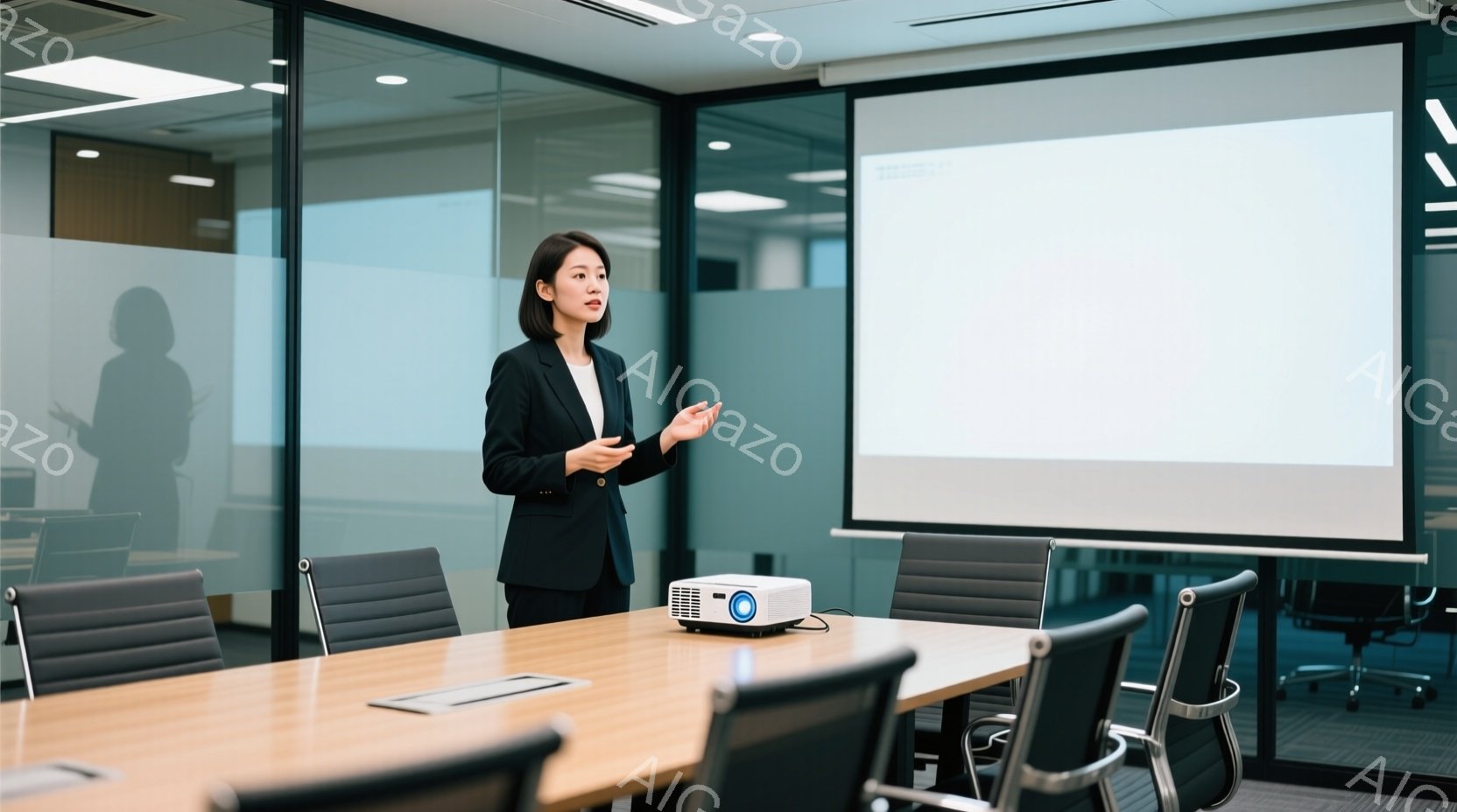 黒いジャケットと白いブラウスを着た女性が、会議室でプレゼンテーションを行っています。彼女は手を広げ、何かを説明しているようなポーズで、表情は真剣です。背景には、白いスクリーンと黒い椅子が並んだ会議テー - AI生成フリー素材