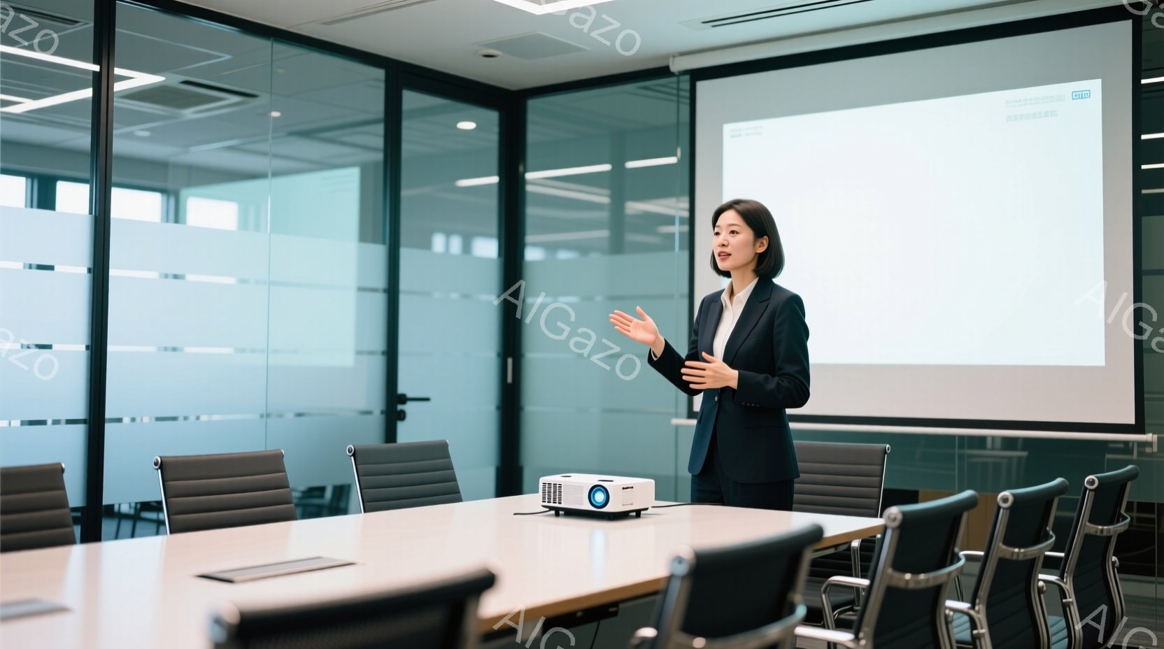 女性は紺色のジャケットとスカートを着用し、明るい表情で何かを説明しています。彼女は会議室でプレゼンテーションをしており、ジェスチャーを交えながら熱心に話しています。背景には白い壁と会議室のテーブルと椅 - AI生成フリー素材