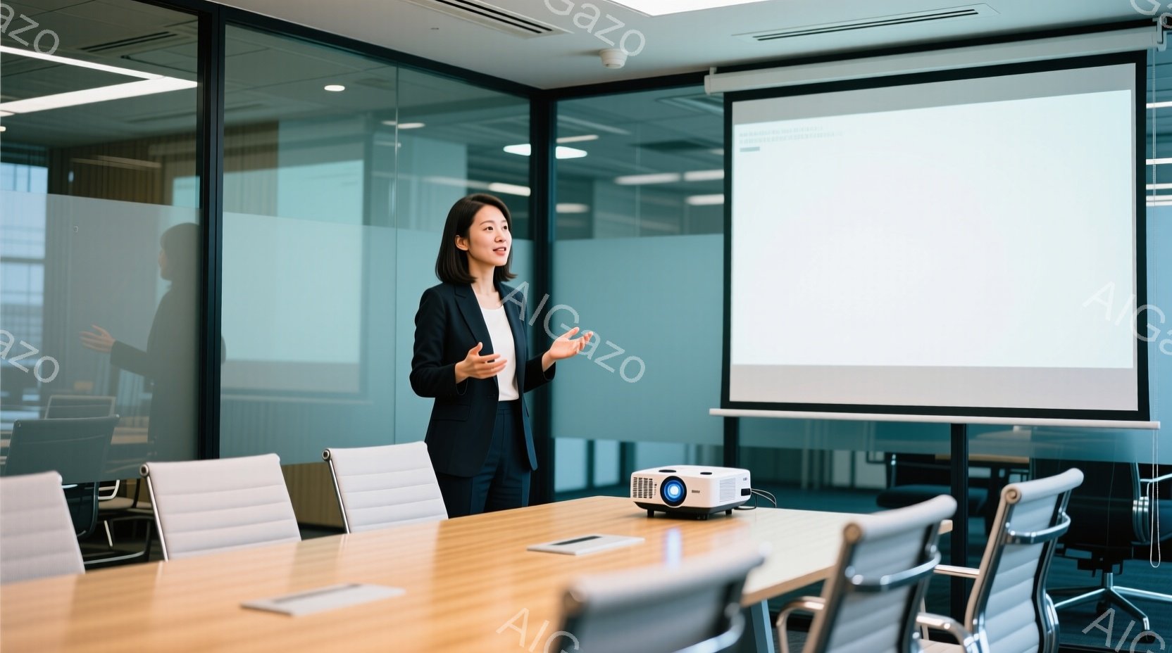 室内は明るい会議室で、女性がプレゼンテーションを行っています。彼女は黒いスーツを着ており、髪は後ろでまとめています。自信に満ちた表情で、両手を広げて何かを説明している様子です。
