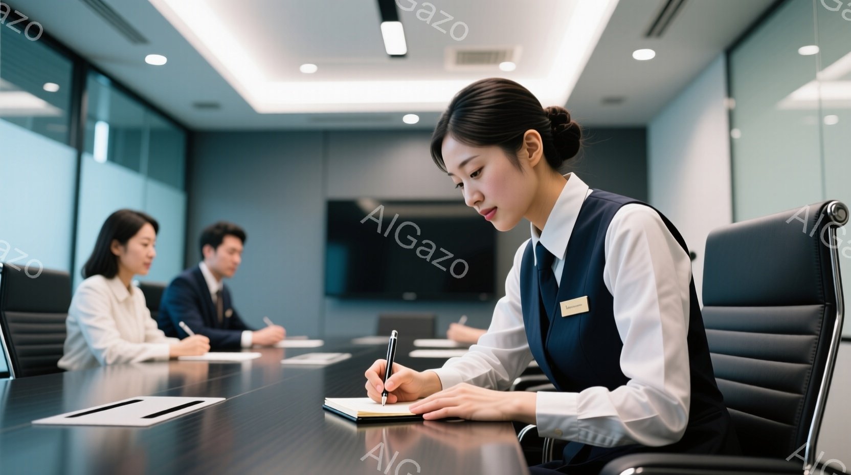この画像では、紺色のベストと白いシャツを着た若い女性が、会議室のテーブルでノートに何かを書き込んでいる。彼女は真剣な表情で集中しており、姿勢もまっすぐで、ビジネスシーンを表している。背景には、白いシャ - AI生成フリー素材