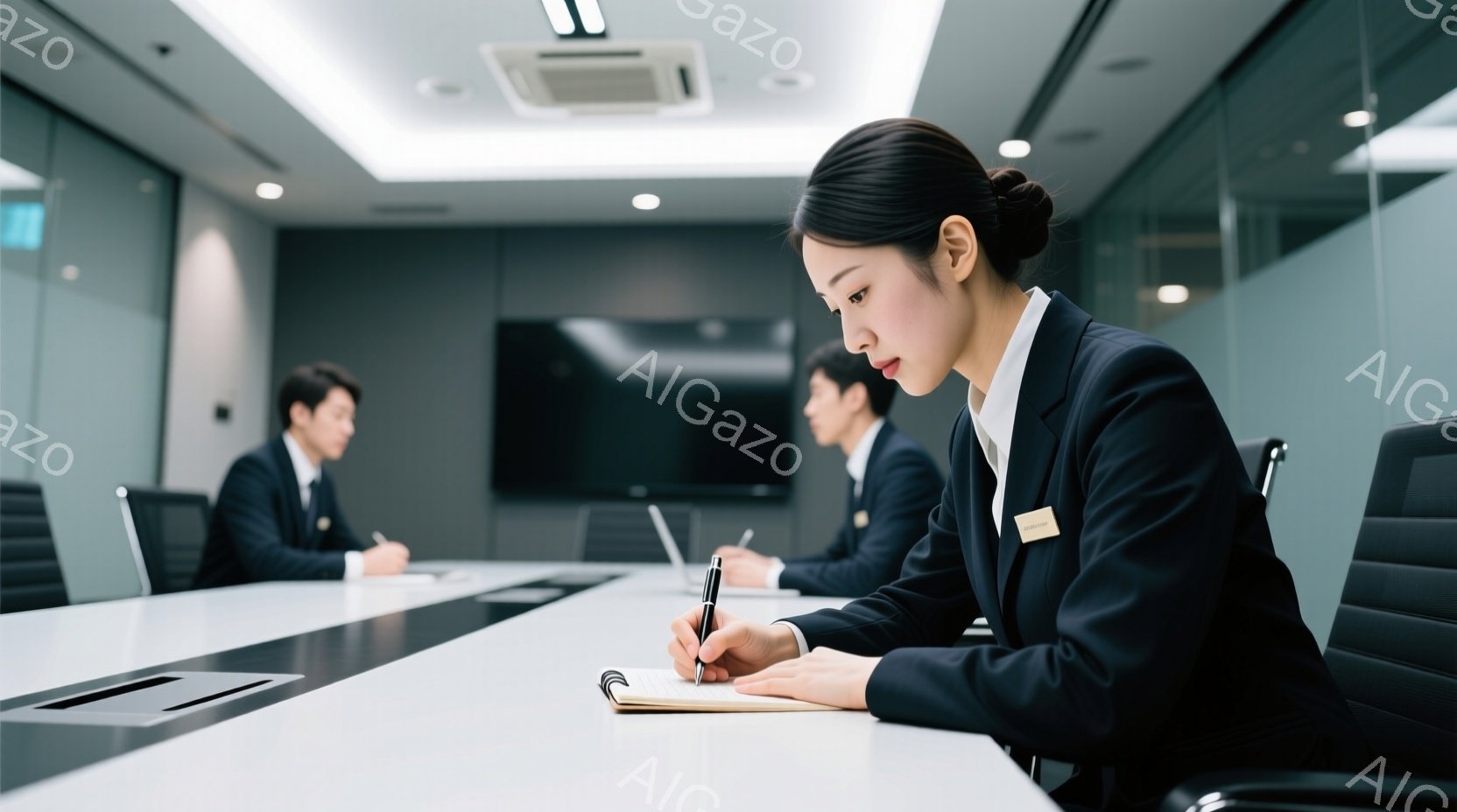紺色のスーツに身を包んだ女性が、ノートにペンで何かを書き込んでいる。彼女は黒髪を後ろでまとめ、真剣な表情で集中している。背景には、他のスーツ姿の男性たちがおり、近代的な会議室で議論や記録を行っている様 - AI生成フリー素材