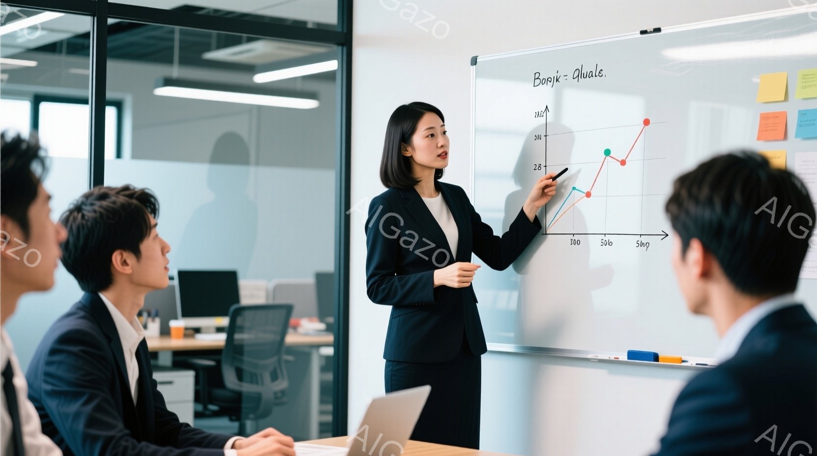 現代的なオフィス空間で、女性がホワイトボードの前でプレゼンテーションを行っている様子が写っています。彼女は黒いスーツを着ており、髪は後ろにまとめられています。参加者はテーブルを囲んで座り、彼女の話に注 - AI生成フリー素材