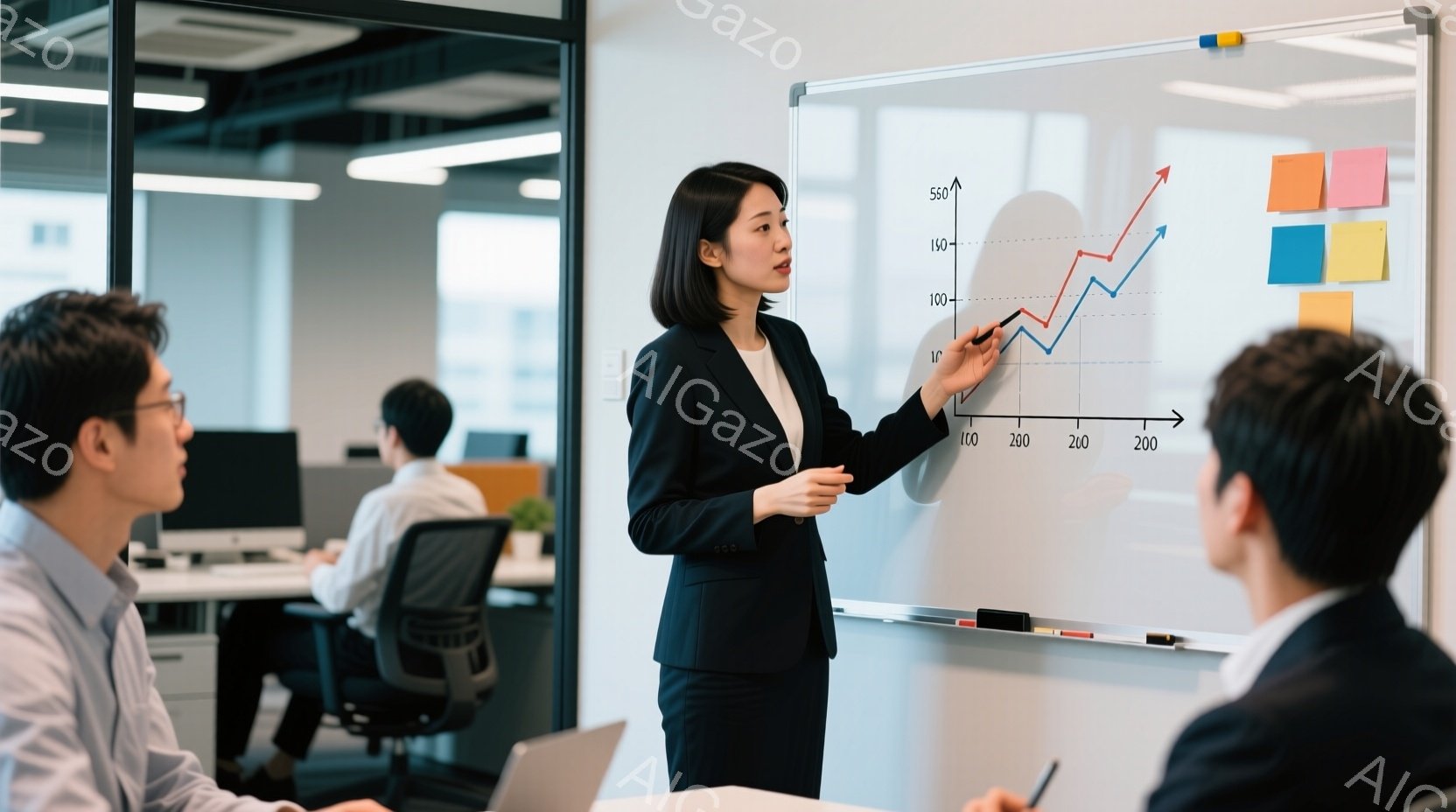 一人の女性がホワイトボードの前でプレゼンテーションを行っています。彼女は黒いスーツを着ており、髪は後ろでまとめています。背景にはオフィス内の様子が見え、他の同僚がパソコンに向かって作業しているのが分かります。