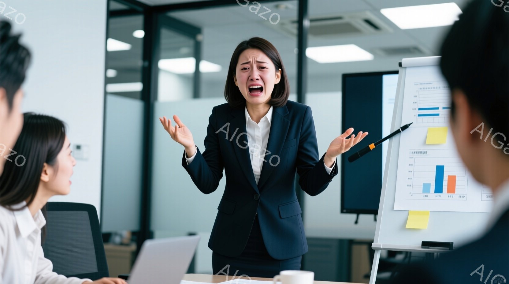 紺色のビジネススーツを着た女性が、片手を上げて激しく何かを訴えるように立っています。彼女は強い衝撃を受けたかのような表情をしており、周りには他のビジネスマンがパソコンに向かって座っています。背景にはホワイトボードがあり、グラフといくつかの付箋が貼られており、会議室のような場所で緊迫した雰囲気が漂っています。