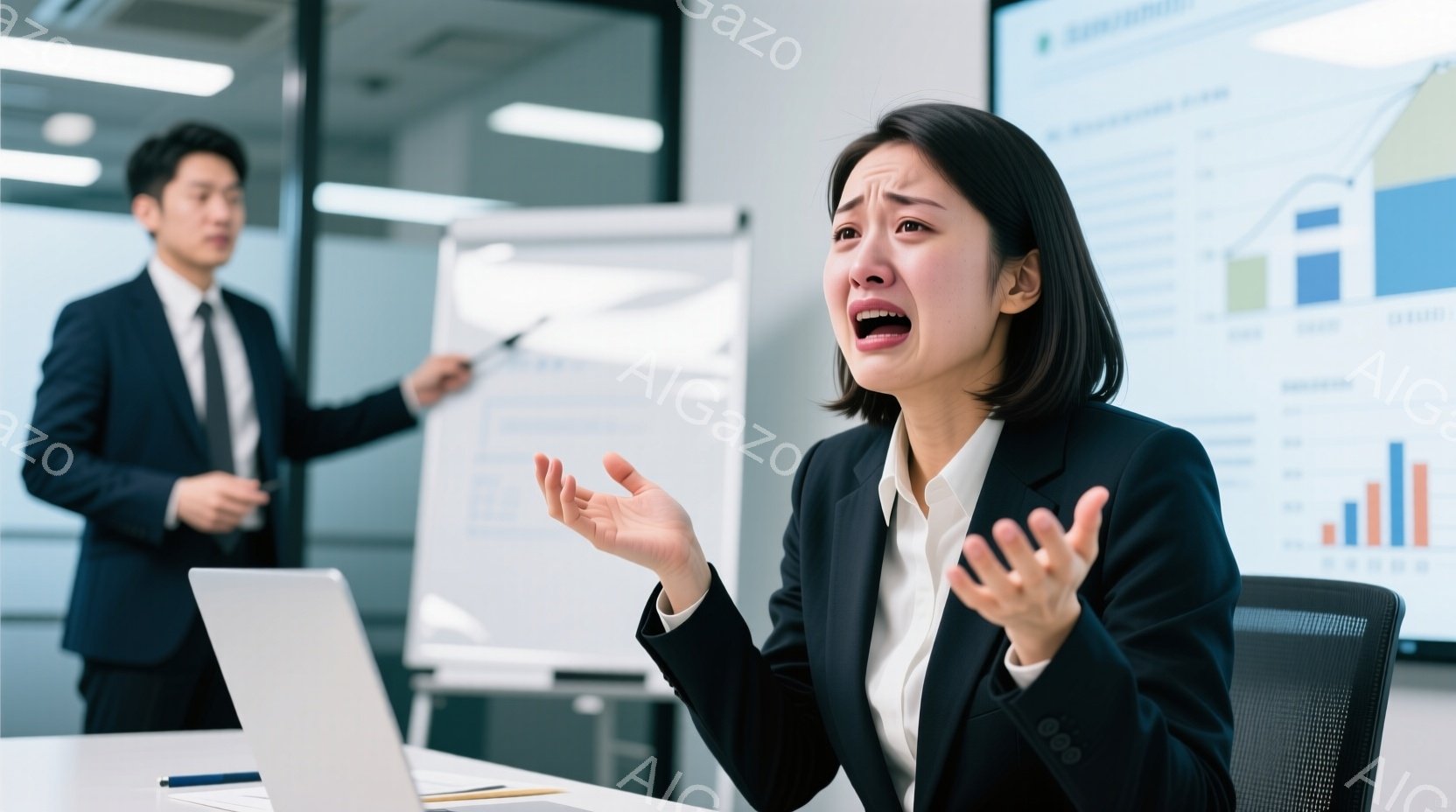 一人の女性が椅子に座り、目に涙を浮かべ、両手を広げて困惑した表情をしています。彼女は黒いスーツジャケットに白いシャツを着ており、髪は後ろでまとめられています。背景には、ホワイトボードを指している男性と、グラフが表示されたスクリーンがあり、オフィスのような室内環境であることがわかります。