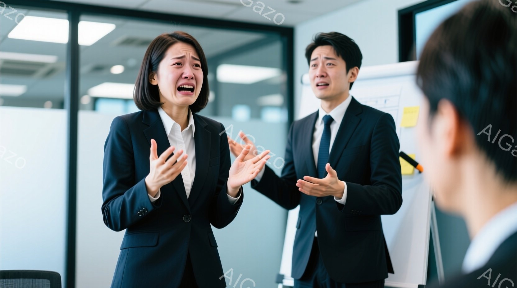 ビジネススーツを着た女性と男性が描かれており、どちらも非常に動揺した表情をしています。女性は手を広げ、困惑や絶望を表現し、男性も同様に手を広げ、驚きと戸惑いの表情を浮かべています。背景には、ホワイトボードとオフィスの一部が見え、全体として緊急事態か、何か深刻な問題に直面している緊迫した雰囲気が漂っています。