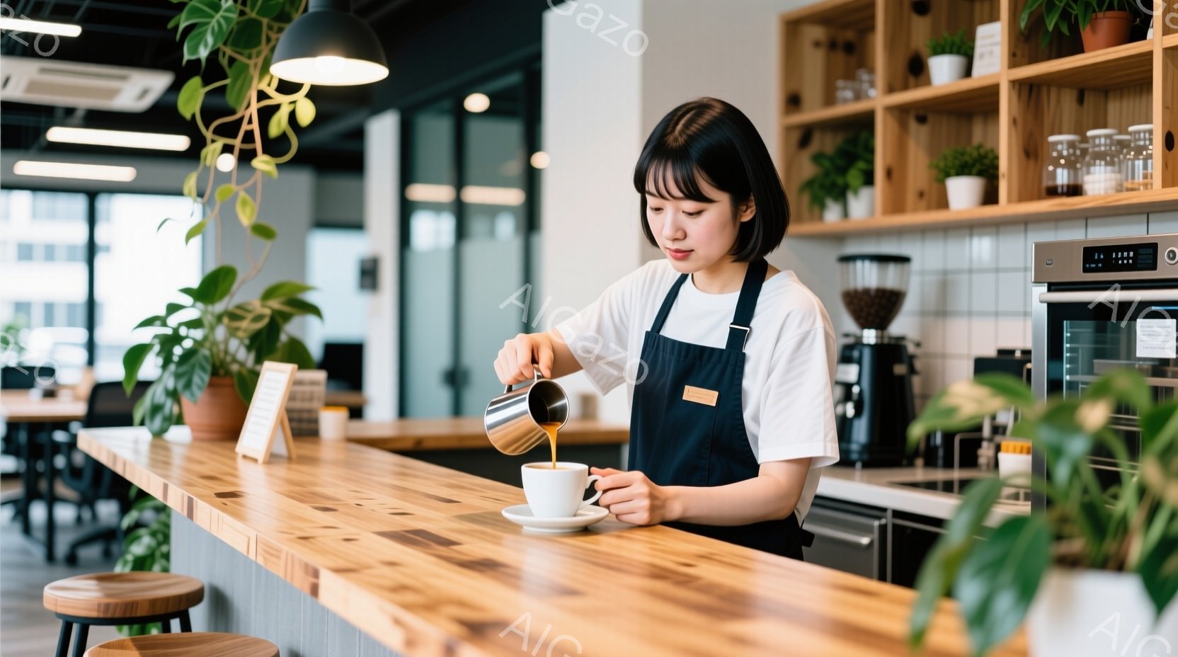 女性は黒いエプロンと白いシャツを着て、コーヒーをカップに注いでいます。彼女はダークブラウンのボブヘアで、真剣な表情でコーヒーの提供に集中しています。背景には木製のカウンター、植物、カフェのインテリアが見え、全体的に暖かく落ち着いた雰囲気です。