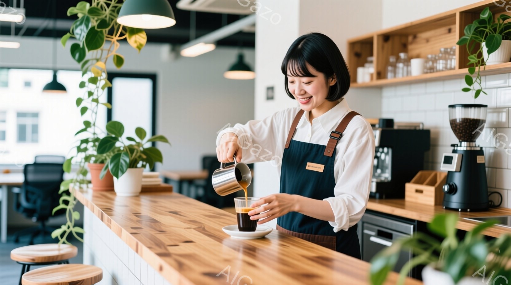 明るい表情の女性がコーヒーをカップに注いでいる。彼女は白いシャツに濃い青色のエプロンを着用し、前髪を斜めに流したショートヘアだ。背景には木製のカウンターと植物、そしてコーヒー器具が見え、カフェのような穏やかで温かい雰囲気が漂っている。